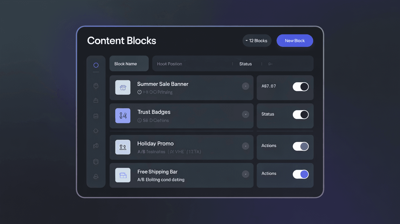 Content blocks list with status toggles and hook positions